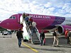 Passengers walking down mobile stairs from a pink Wizz Air aircraft on an airport apron.