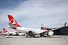 Flera Turkish Airlines-flygplan står parkerade på rampen vid en flygplats.