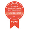 Punainen palkintomerkki, jossa lukee Tjäreborg, Suomen tyytyväisimmät matkatoimistot 2026 ja EPSI.
