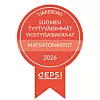 Punainen palkintomerkki, jossa lukee Tjäreborg, Suomen tyytyväisimmät matkatoimistot 2026 ja EPSI.
