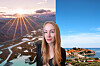 Ett collage med sol över ett snötäckt landskap, en person framför blå himmel och en kuststad vid havet.