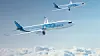 Två blåvita passagerarflygplan flyger över ett molntäcke under en klarblå himmel.