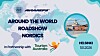 Eventgrafik med text om roadshowen Around the World i Helsingfors och en bild av stadens hamn.