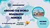 Eventgrafik med text om roadshowen Around the World i Helsingfors och en bild av stadens hamn.